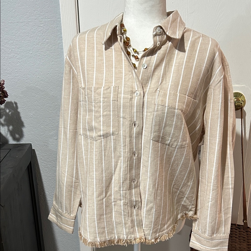 Liverpool Beige and White Striped Button-Down Shirt